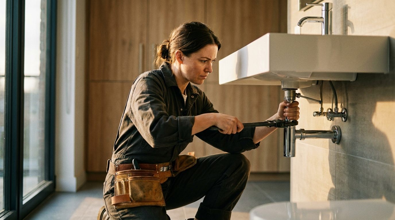 A plumber fitting a chrome pipe under a modern bathroom sink